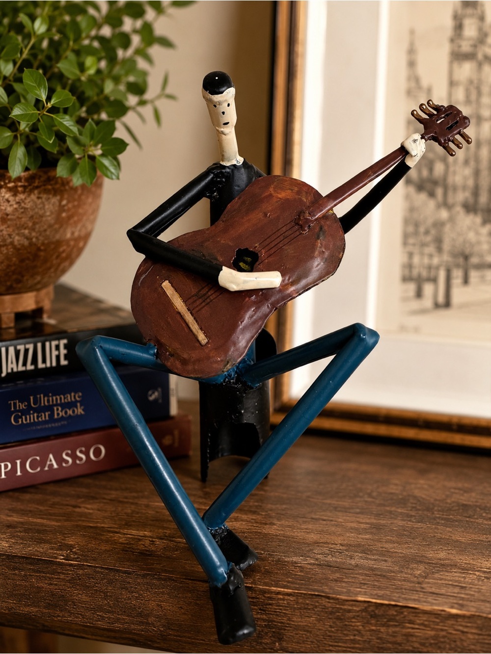 Handmade Folk Art Metal Guitarist Sculpture Music Decor Rustic Boho Artisan